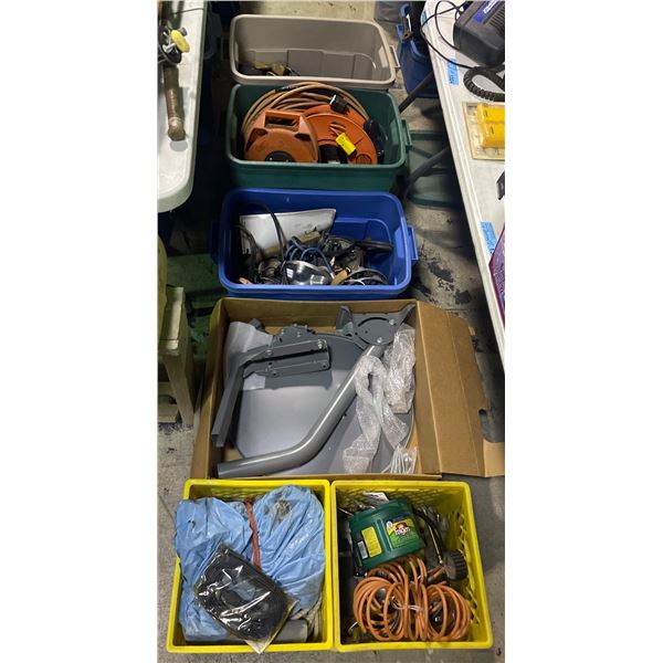 Group of Extension Cords on Reels, Work Lights, Electrical Hardware & Workshop Supplies in Totes and