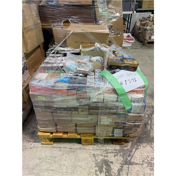 Pallet of assorted industrial hardware including various size bolts and screws etc.