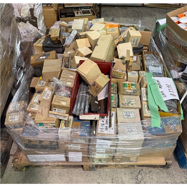 Pallet of assorted industrial hardware including various size bolts and screws etc.