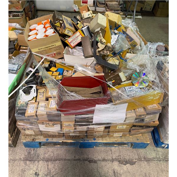 Pallet of assorted industrial hardware including various size bolts and screws etc.
