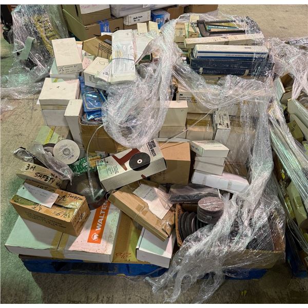 Pallet of assorted industrial hardware including grander wheel, metal paint scrapper,disk paper etc