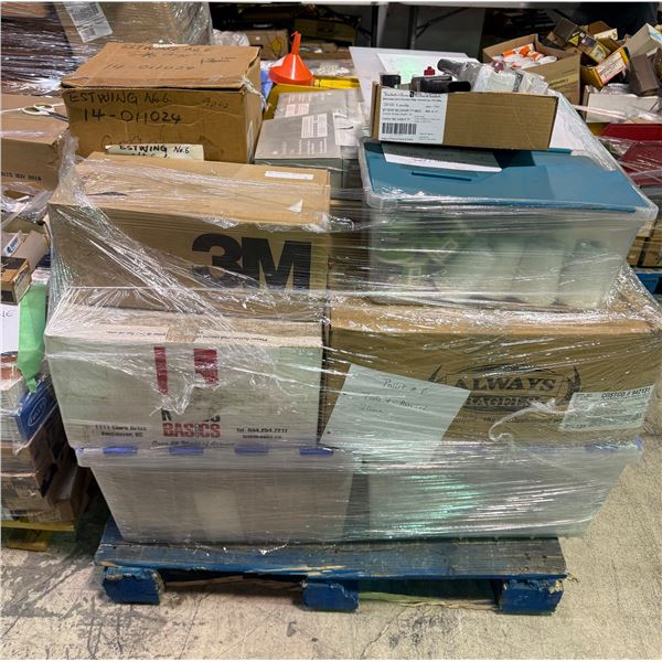Pallet of assorted industrial hardware including Buffeing pad, Scotch-Brite Blending hand pad, Safet