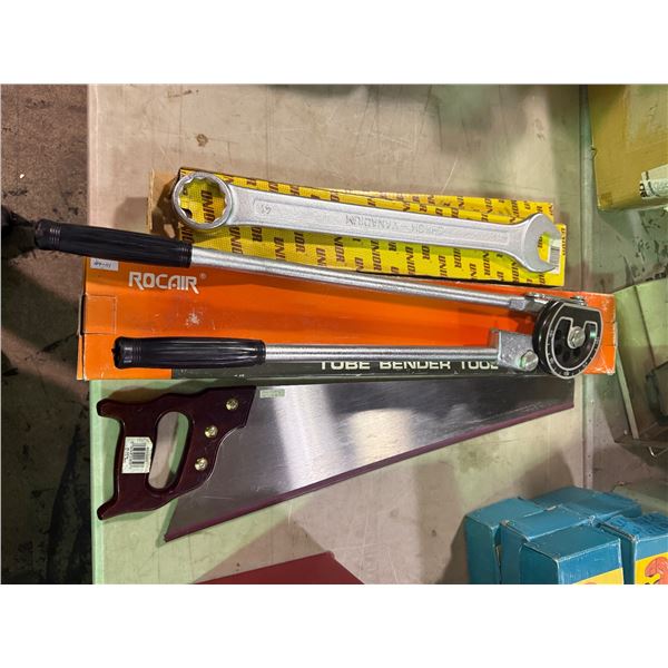 Group of hand tools including saw, 41 Wrench & 44-11 Rocair Tube Bender