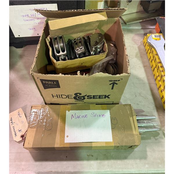 Group of assorted Marine tools including 2"pully, Clamps and Spike