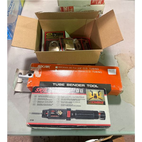Group of box inlcuding 10mm Tube bender, Skil Cordless Screwdriver and Padlock