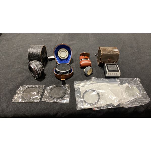GROUP OF TOPCON ACCESSORIES - WAIST LEVEL FINDER, BODY CAP, ACCESSORY SHOE, TELECONVERTER AND