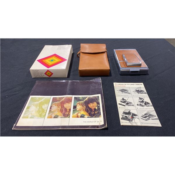POLAROID SX-70 LAND CAMERA WITH LEATHER CASE AND MANUALS (TAN & CHROME)