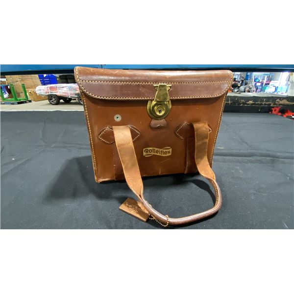 PERRIN CALIFORNIA ROLLEIFLEX VINTAGE BROWN LEATHER CAMERA BAG WITH KEY