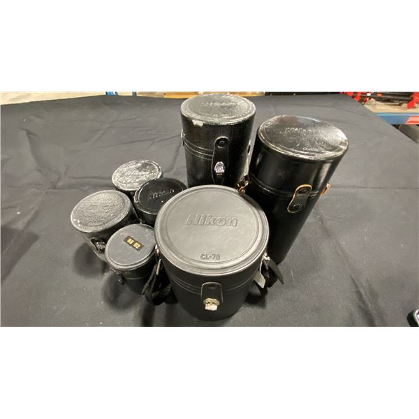 7 ASSORTED SIZED BLACK NIKON CAMERA LENSE CASES