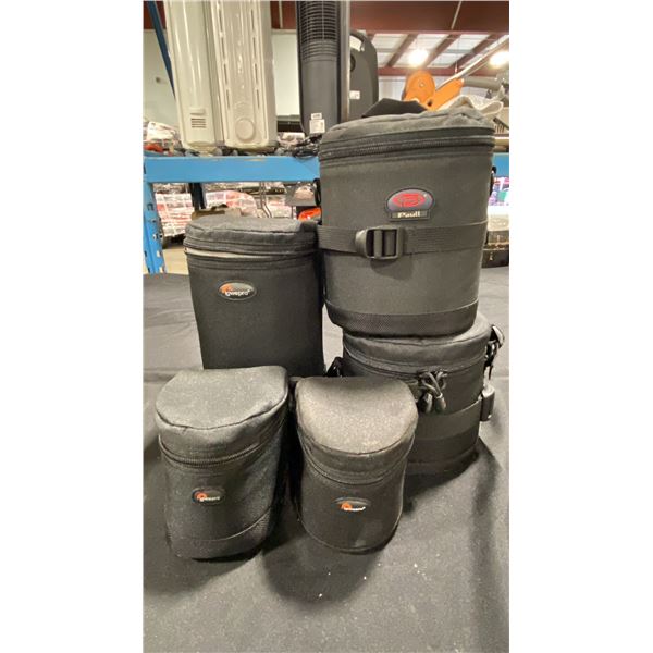4 ASSORTED LOWEPRO CAMERA LENSE CASES & 1 BPAULL CAMERA LENSE CASE