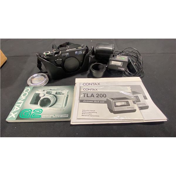 CONTAX  G2 35MM FILM CAMERA (BLACK BODY) WITH CONTAX TLA 200 FLASH *NO LENS*
