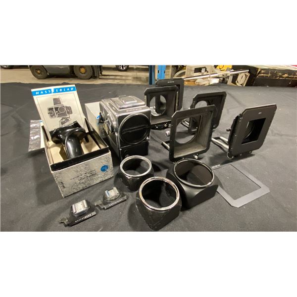 HASSELBLAD 553ELX MOTORIZED 6X6 MEDIUM FORMAT SLR CAMERA, PISTOL GRIP, 5 ASSORTED LENS SHADES, 5