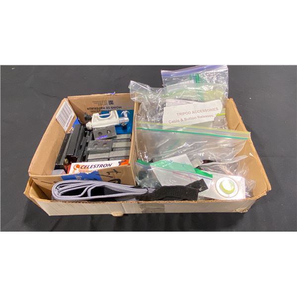 BOX OF ASSORTED TRIPOD ACCESSORIES, CABLE & BUTTON RELEASES