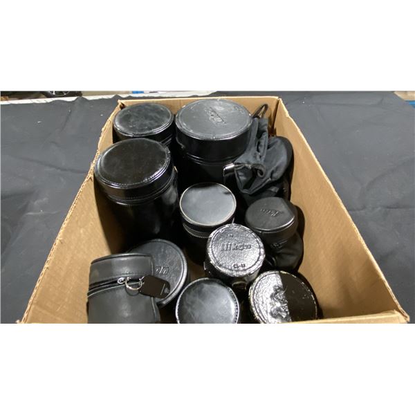 BOX OF ASSORTED NIKON BLACK LEATHER LENS CASES & SOFT CASES