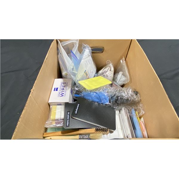 BOX OF ASSORTED LENS CLOTHS, JEWELLERS POLISHING CLOTH, BLACK RUBBER AIR BLOWER BULBS, SILICA GEL