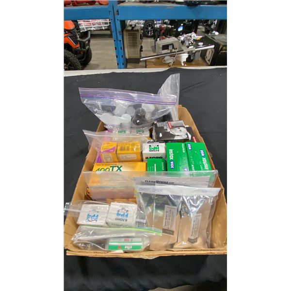 BOX OF ASSORTED FILM, FILM CANISTERS & DARK ROOM MATERIAL