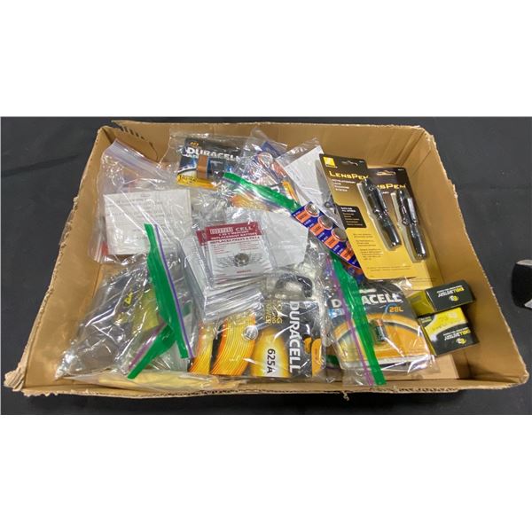 BOX OF ASSORTED CAMERA BATTERIES & LENS PENS
