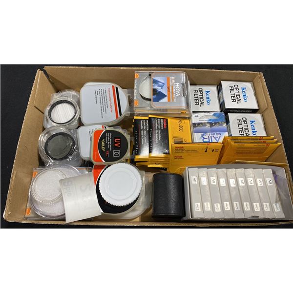 BOX OF ASSORTED FILTERS, FILTER HOLDERS & LENS CAPS