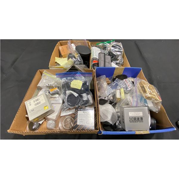 4 BOXES OF ASSORTED LENS SHADES/HOODS/CAPS, FOCUSING SCREENS & MORE