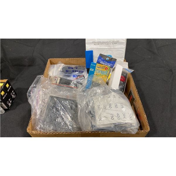 BOX OF MAGNIFIERS, LENS CAPS, LENS BOARDS, FILM SHIELD & MORE