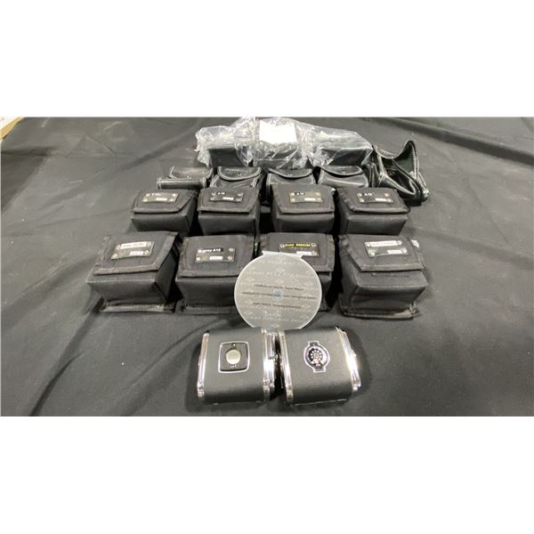 LARGE GROUP OF ASSORTED HASSELBLAD FILM BACKS & SOFT TRANSPORT CASES