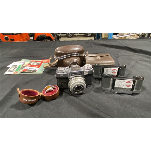 ZEISS IKON CONTAFLEX 35MM FILM CAMERA, 2 FILM BACKS, 3 FILTERS & 3 CASES