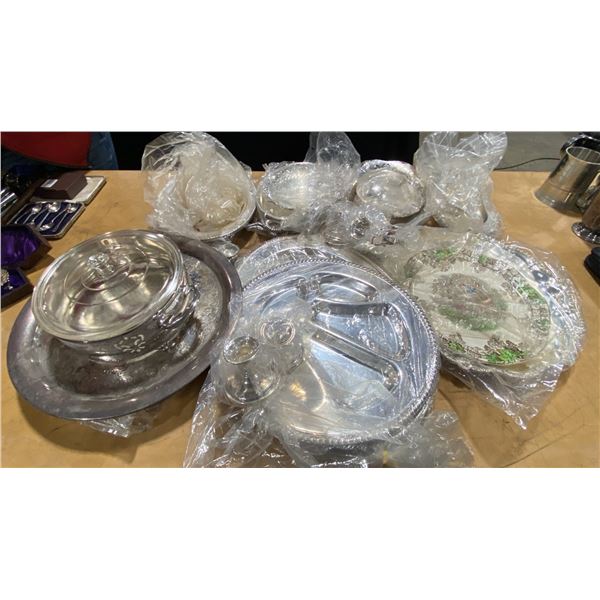LARGE GROUP OF ASSORTED SILVER PLATED & VINTAGE DINNERWARE