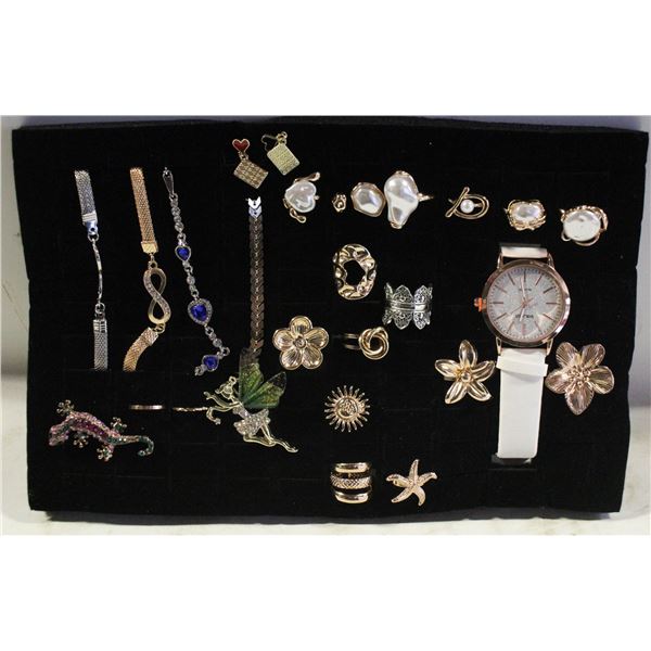 TRAY W/ BROOCH AND BRACELETS RINGS AND WATCHE