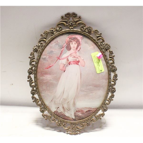 VINTAGE "PINK GIRL" IN BUBBLE GLASS FRAME