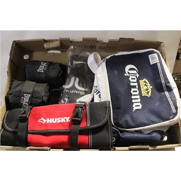 BOX WITH SOME NEW TOOL BAGS AND TWO