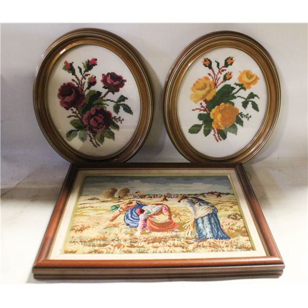 HANDCRAFTED FRAMED CROSS STITCH- 3 PIECE LOT