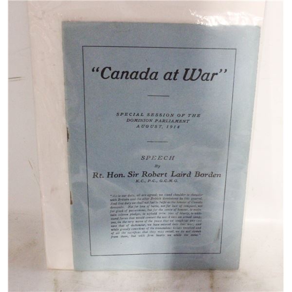 1914 CANADA AT WAR PARLIMENTARY SPEECH BOOKLET