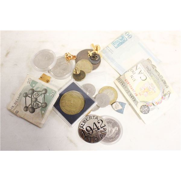 COLLECTION OF PINS, COINS, CURRENCY,