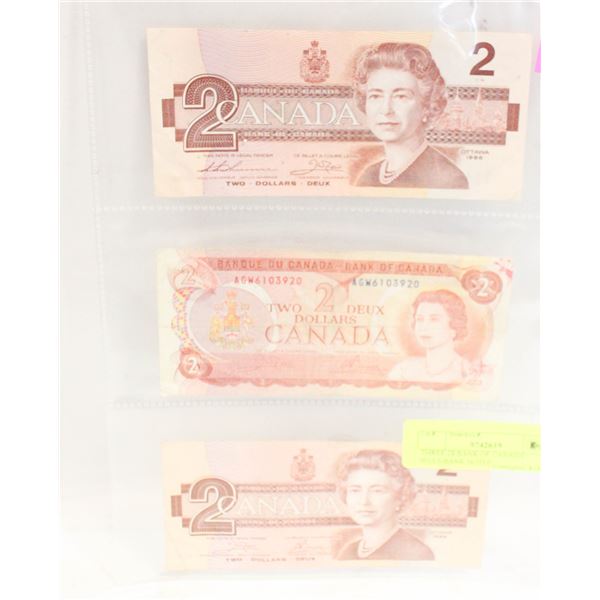 THREE 2$ BANK OF CANADA BILLS/BANK NOTES