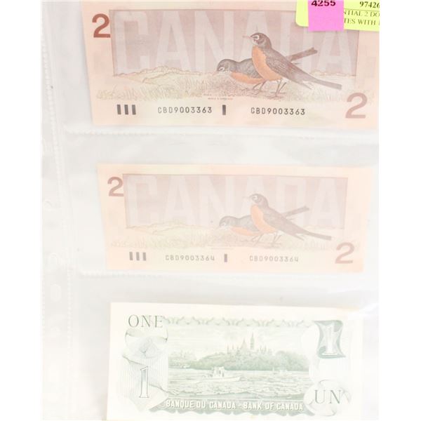 2 SEQUENTIAL 2 DOLLAR BANKNOTES WITH 1973 ONE DOLL
