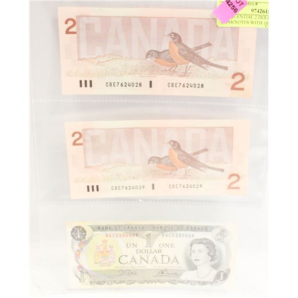 2 SEQUENTIAL 2 DOLLAR BANKNOTES WITH 1973 ONE DOLL