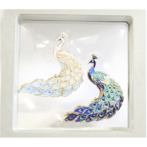 NEW 2 PEACOCK ENAMEL FILLED PINS GOLD PAINT