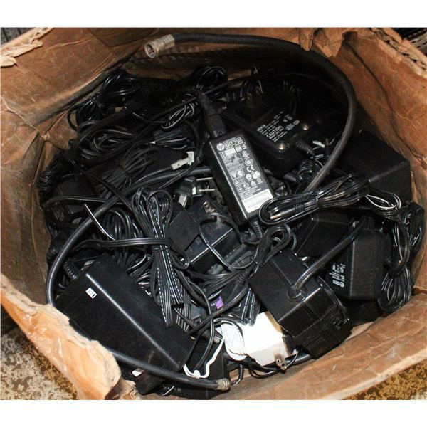 BOX OF ASSORTED POWER CORDS & CHARGERS