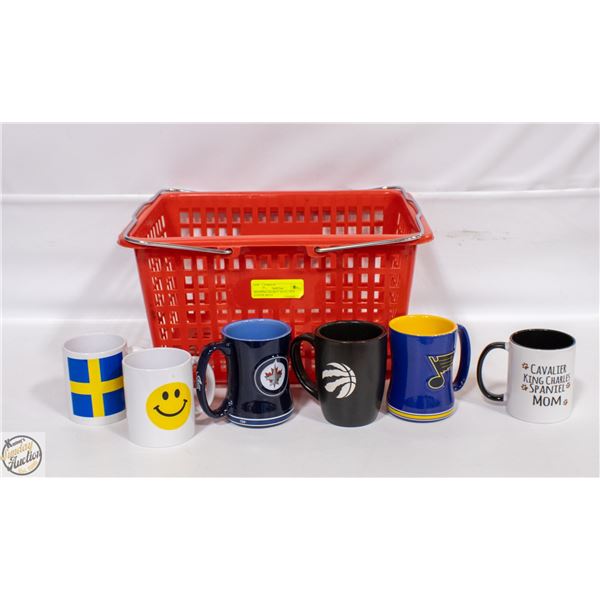SHOPPING BASKET WITH VARIOUS NEW COFFEE MUGS