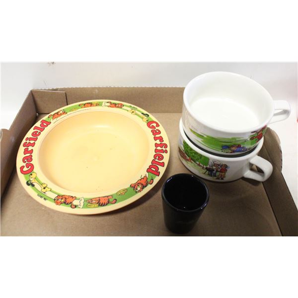 VINTAGE GARFIELD BOWL WITH CAMPBELL SOUP MUGS