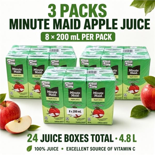3 MINUTE MAID APPLE JUICE 8PKS 24 BOXES BB 8/2026