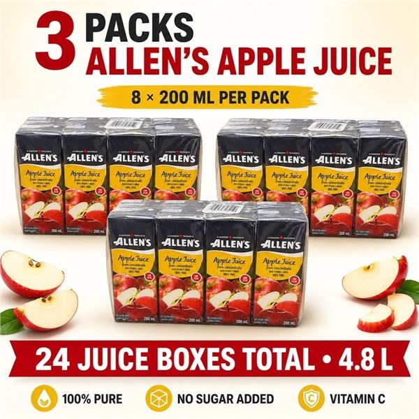 3 ALLEN'S APPLE JUICE 8PKS 24 BOXES BB 6/2026