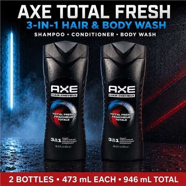 2 AXE TOTAL FRESH 3-IN-1 HAIR & BODY WASH