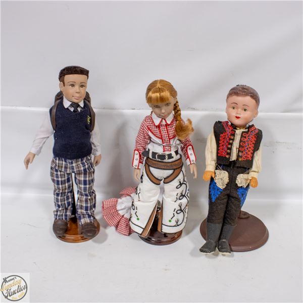 3 DOLLS W/WOOD STANDS COW GIRL MEXICAN SCHOOL BOY