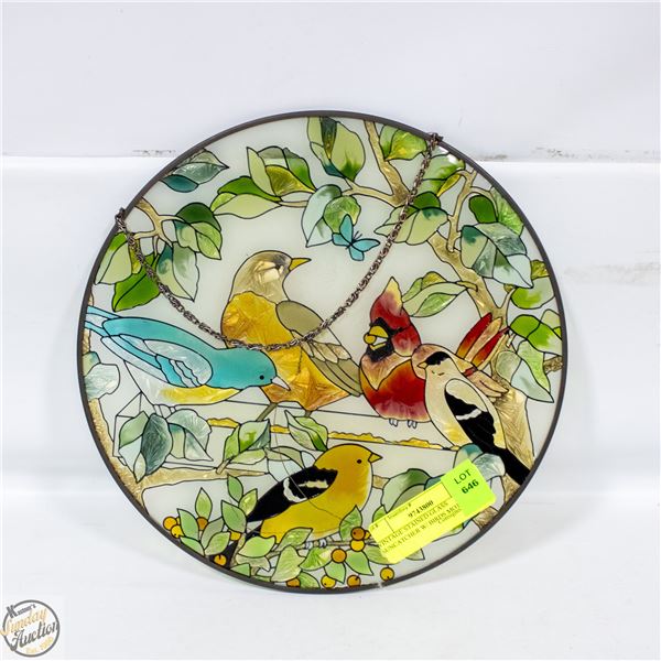 VINTAGE STAINED GLASS SUNCATCHER W/ BIRDS MOTIF