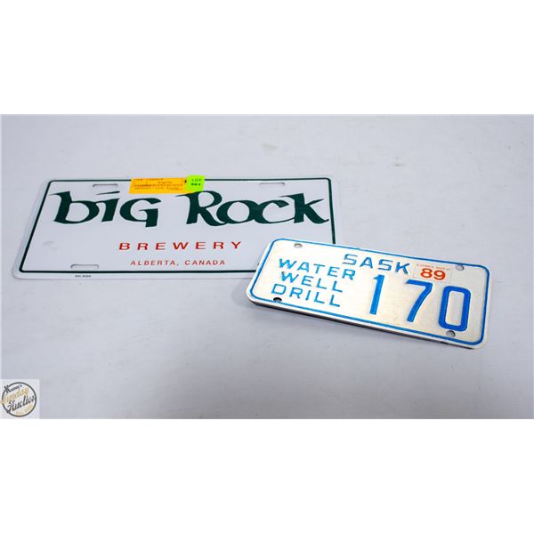 2 LICENSE PLATES BIG ROCK BREWERY + SASK. WATER-