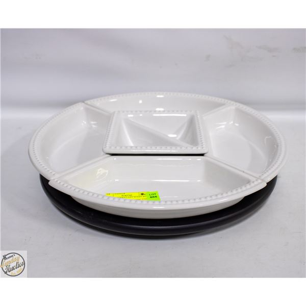 LARGE WOODEN LAZY SUSAN WITH DISHES