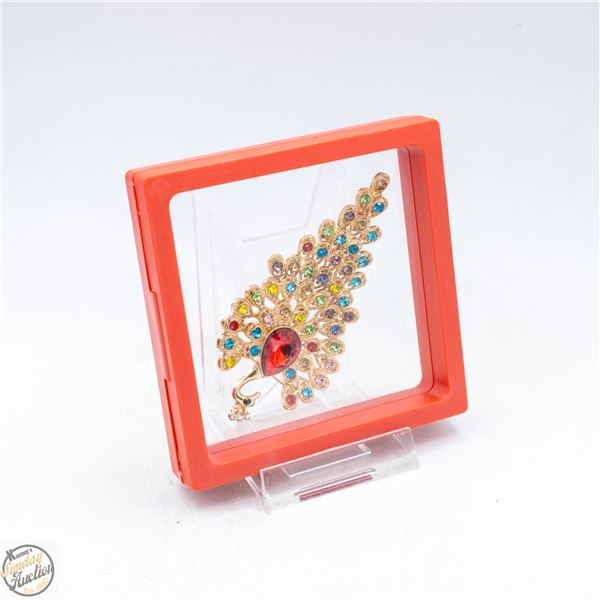 NEW PEACOCK BROOCH, LARGE 1.85”X4.13 MULTI