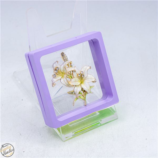 NEW DOUBLE LILY ENAMEL RHINESTONE BROOCH