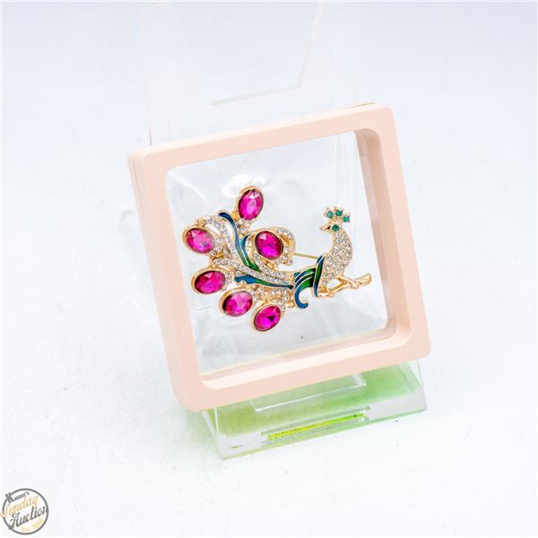 NEW PEACOCK BROOCH  ENCRUSTED PINK,CLEAR